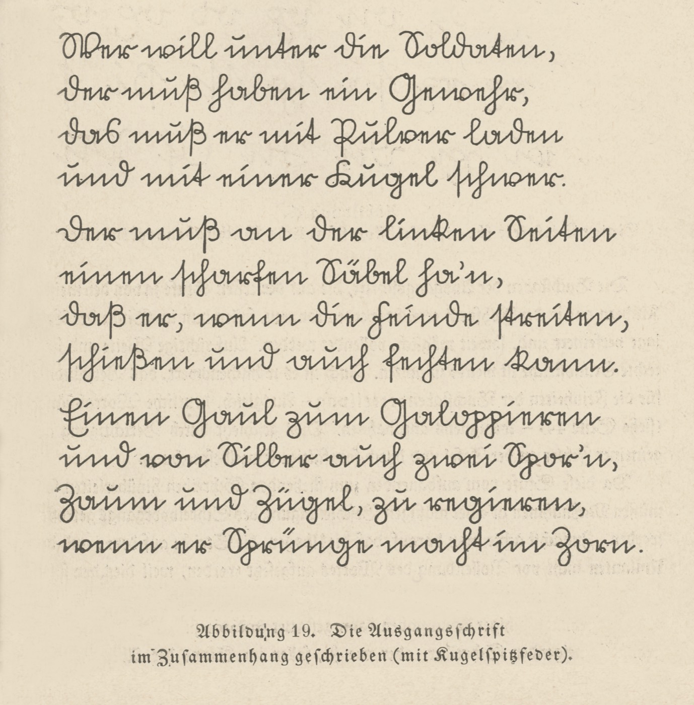 Zwölf Zeilen eines Volkslieds, in Sütterlins Kurrentschrift mit der Feder geschrieben; die Buchstaben sind zu Wörtern verbunden. Darunter die gedruckte Bildunterschrift in Fraktur.