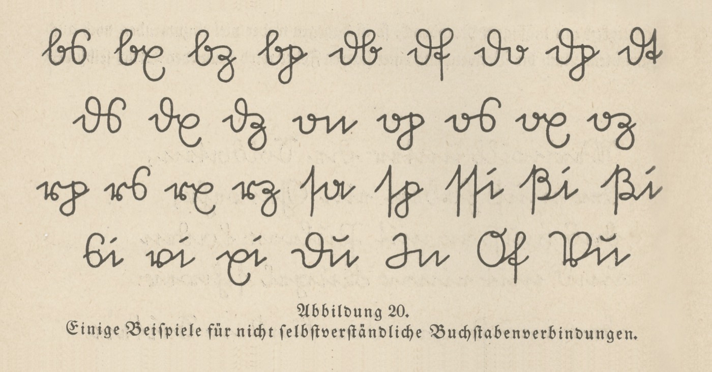 Vier Zeilen mit rund dreissig Buchstabenpaaren in Sütterlins Kurrentschrift, jeweils verbunden geschrieben; darunter die gedruckte Bildunterschrift in Fraktur.